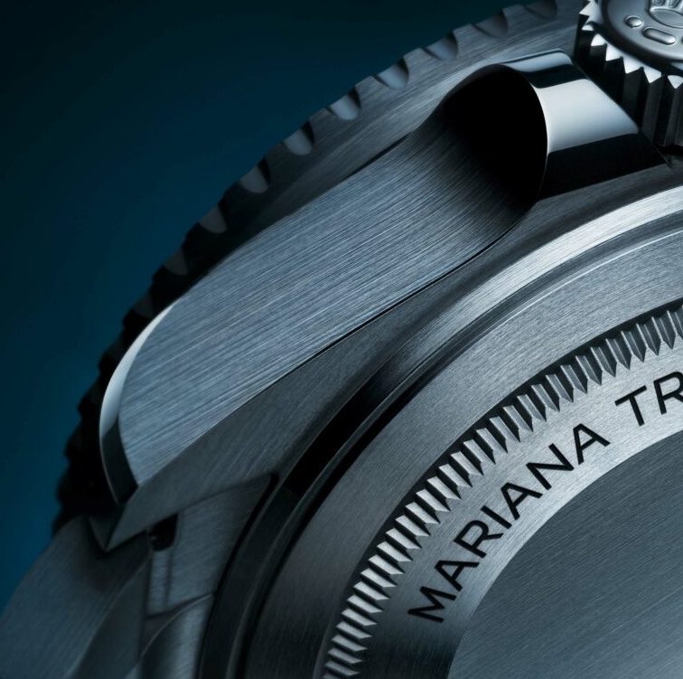 Close up of the Deepsea Challenge style caseback and Mariana Trench engraving