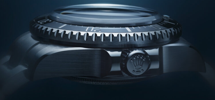 Side profile showing the thick case and rotating bezel of a Deepsea Challenge style watch